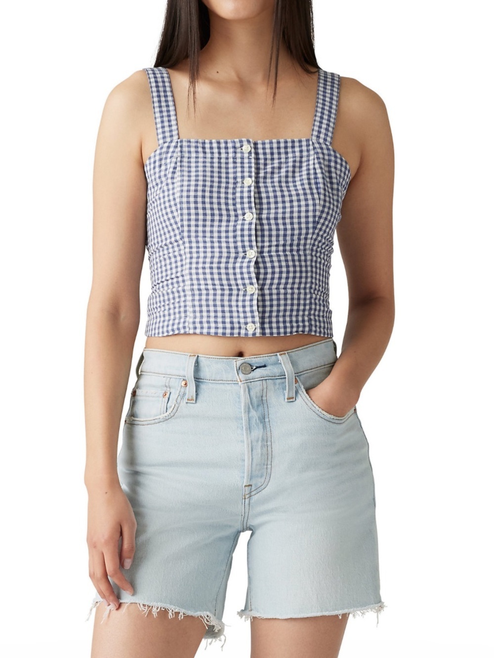 Levi’s Gingham Cropped Front Button Down Tank Top Crop Blue White Check Print